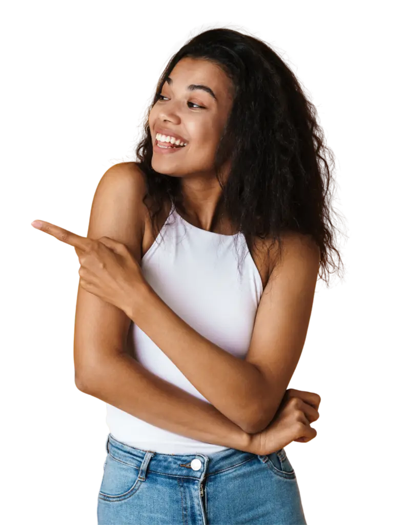 A happy woman pointing to the left towards increased revenue using customer journey mapping.