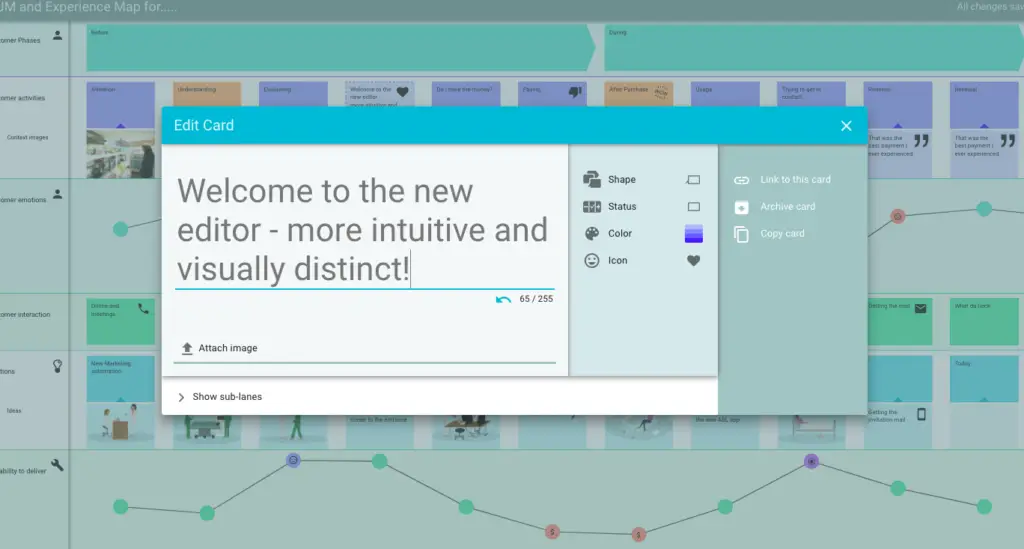 Computer screen showing an example of a Custellence customer journey map. A pop-up in the front visualizing the new enhanced journey map editor.