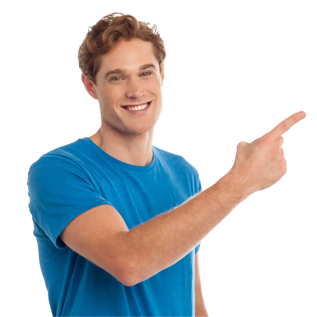 A man with a blue shirt standing up and pointing to the right on the text next to him.