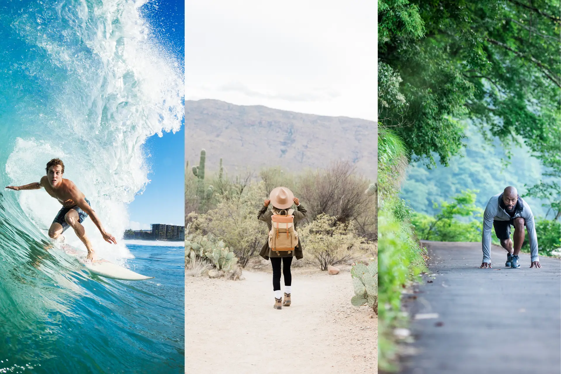 Three people doing three types of activities (surfing, exploring, running) showcasing three types of e-commerce persona behaviours.