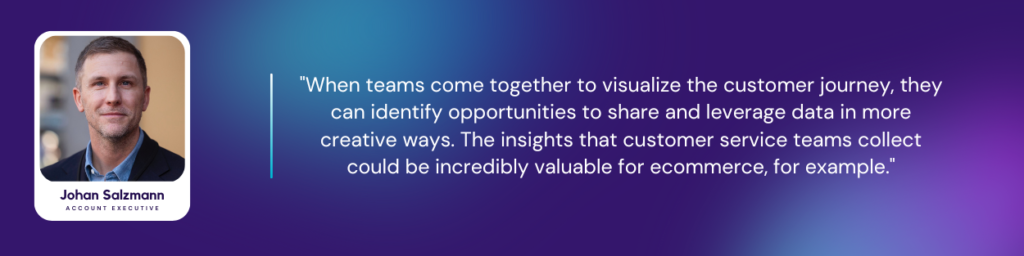 Johan Salzmann, Account Executive at Salesforce, with a quote on the value of cross-functional collaboration in CX: 'When teams come together to visualize the customer journey, they can identify opportunities to share and leverage data in more creative ways. The insights that customer service teams collect could be incredibly valuable for ecommerce, for example.'
