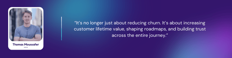 Quote card featuring Thomas Moussafer, CEO of Jimo, with his photo and quote: “It’s no longer just about reducing churn. It’s about increasing customer lifetime value, shaping roadmaps, and building trust across the entire journey.” Displayed on a purple-to-blue gradient background.