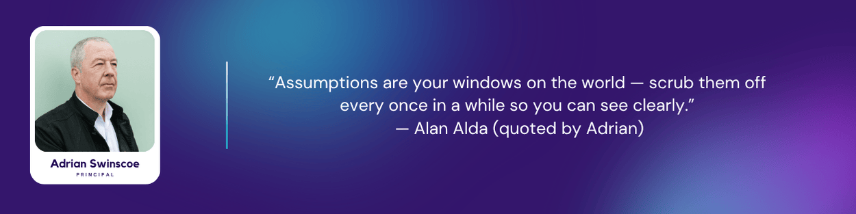 Quote image featuring Adrian Swinscoe with the text: “Assumptions are your windows on the world — scrub them off every once in a while so you can see clearly.” — Alan Alda (quoted by Adrian). The background is a gradient of dark purple and teal, with Adrian's profile photo and name in a card on the left.