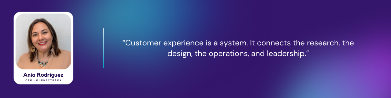Quote card from CX Minutes featuring Ania Rodriguez, CEO of JourneyTrack, with the quote “Customer experience is a system. It connects the research, the design, the operations, and leadership.” on a purple gradient background.